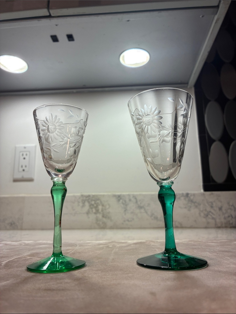 Uranium Glasses Etched Cordials Pair of 2 Vintage Uranium Green Bases & Stems